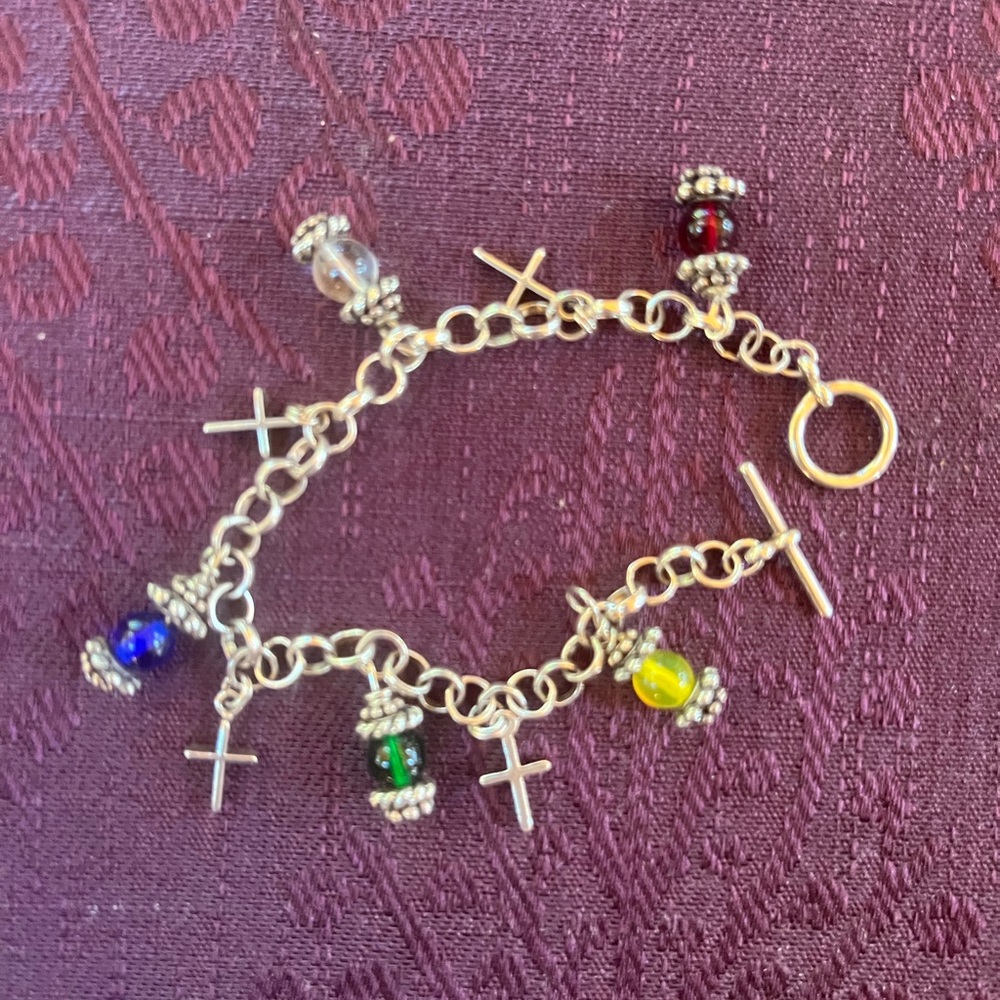 Sterling Silver cross and colorful beads Charm Bracelet